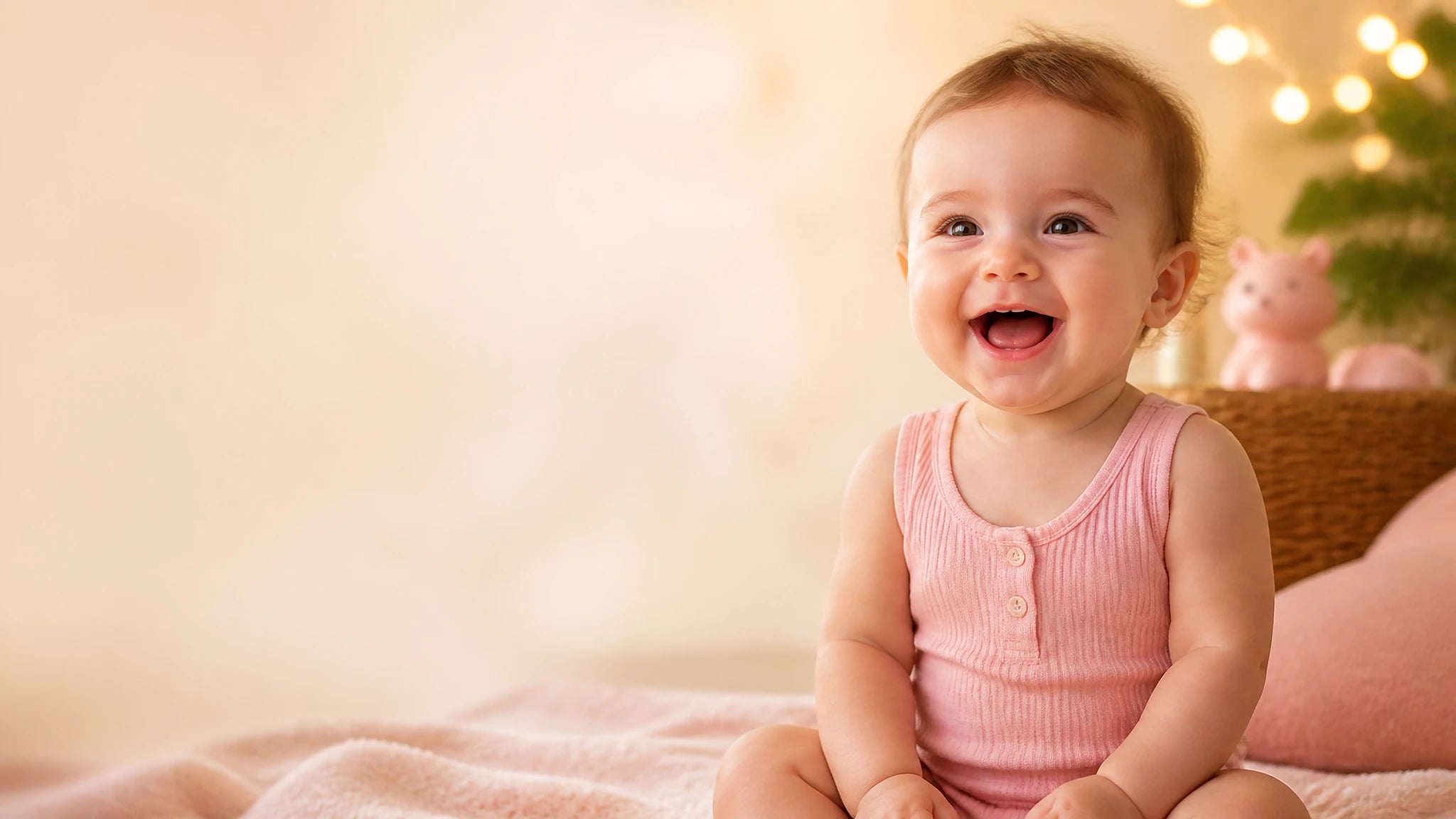 Bebe souriant sur couverture rose - Pot Bebe Toilette